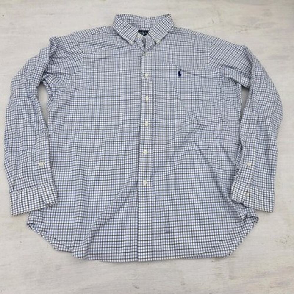 Ralph Lauren Classic Fit Mens L Blue White Black Plaid Button-Down 100% Cotton